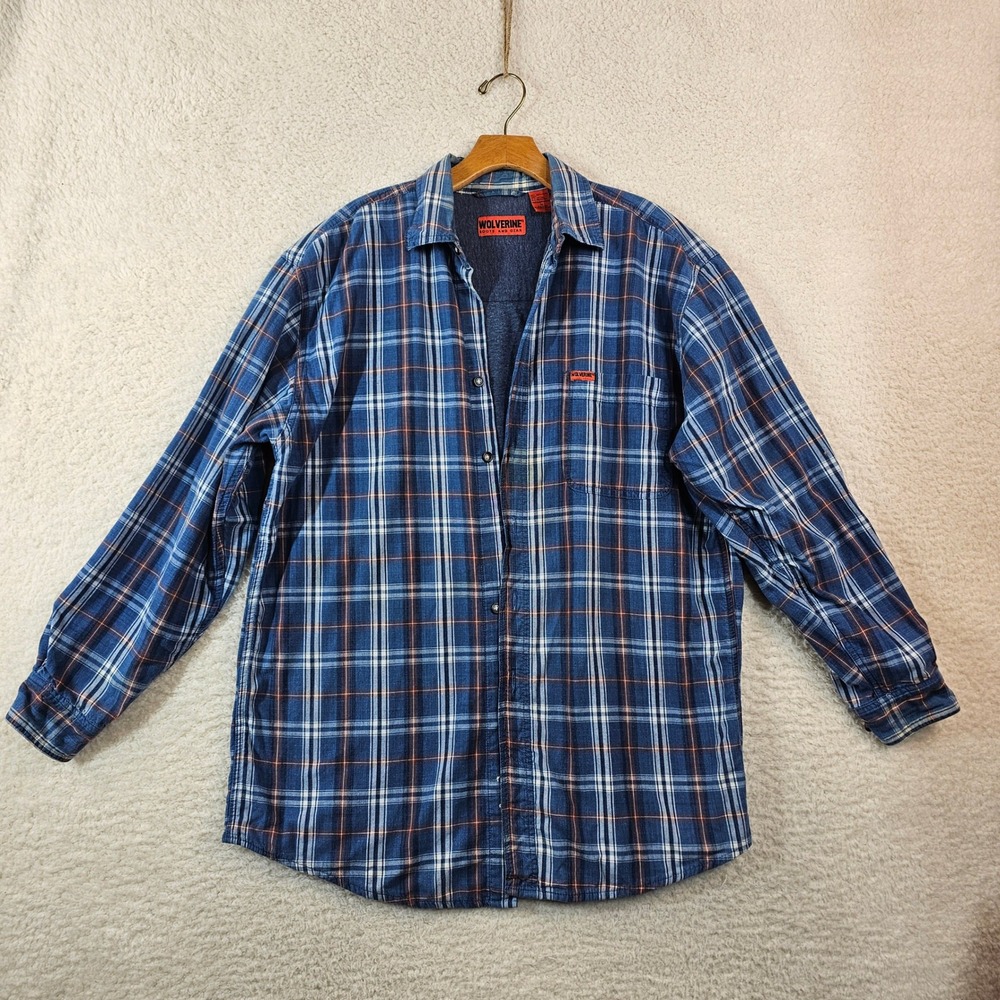 Wolverine Mens Blue Plaid Jersey Lined Flannel Shirt Workwear Size Medium